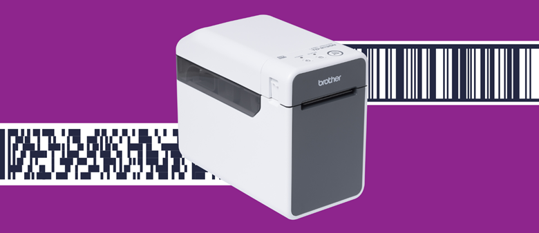 Imprimantă Brother de etichete desktop, pe fundal violet